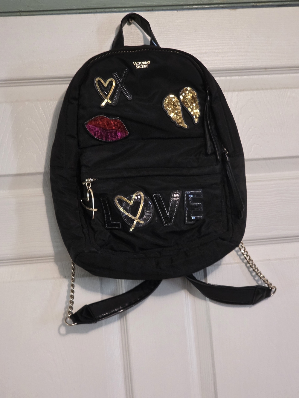Victoria's Secret Black Backpack with Gold Sequin Wings and Red Lip Patch